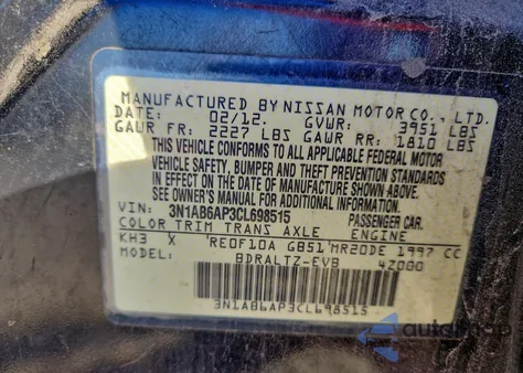 2012 Nissan Sentra 2.0 z USA, uszkodzony, nr VIN 3N1AB6AP3CL698515